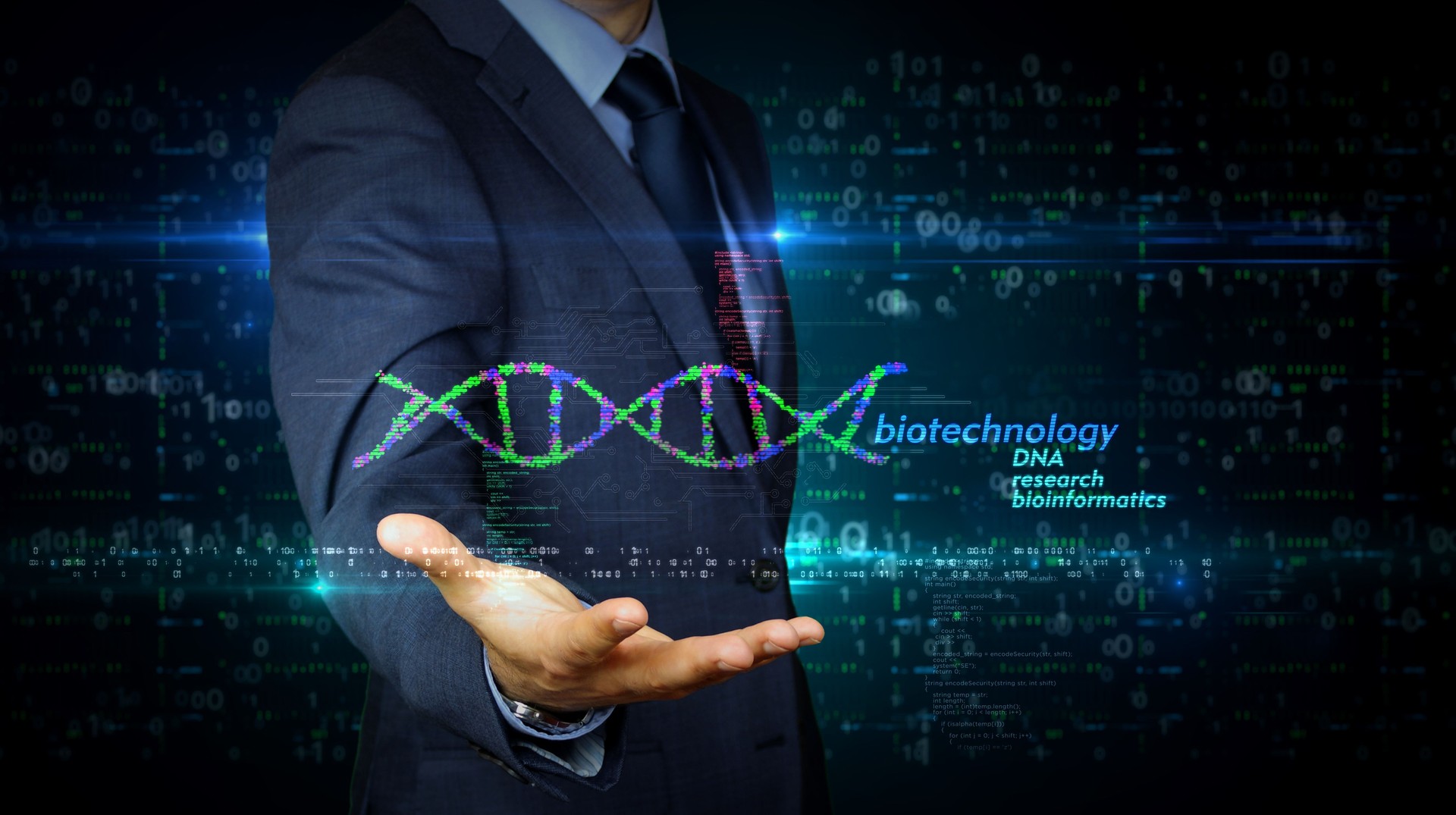 Businessman touch screen with biotechnology and DNA helix hologram